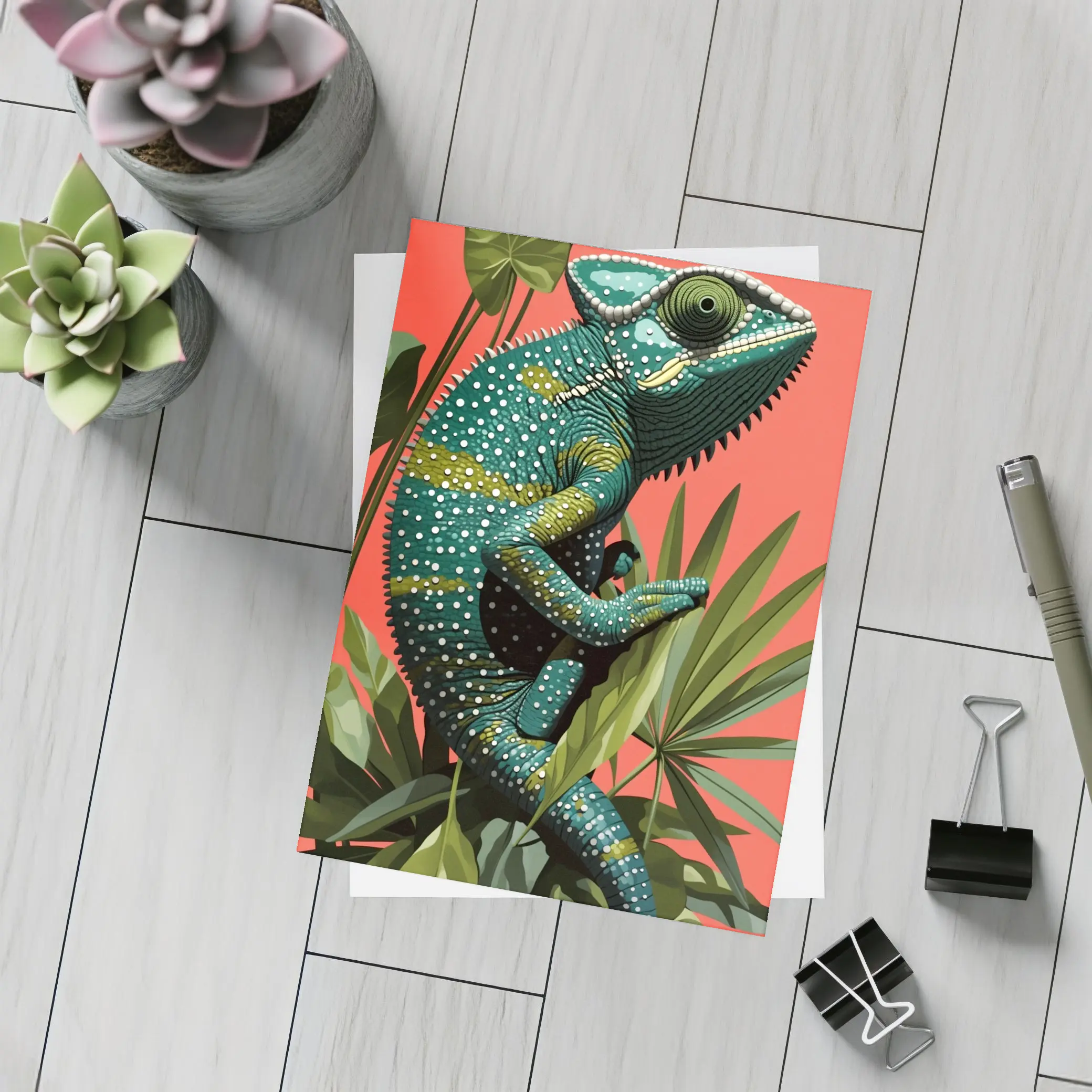 Teal Chameleon Climbing Tropical Plants Red Background – Postcards