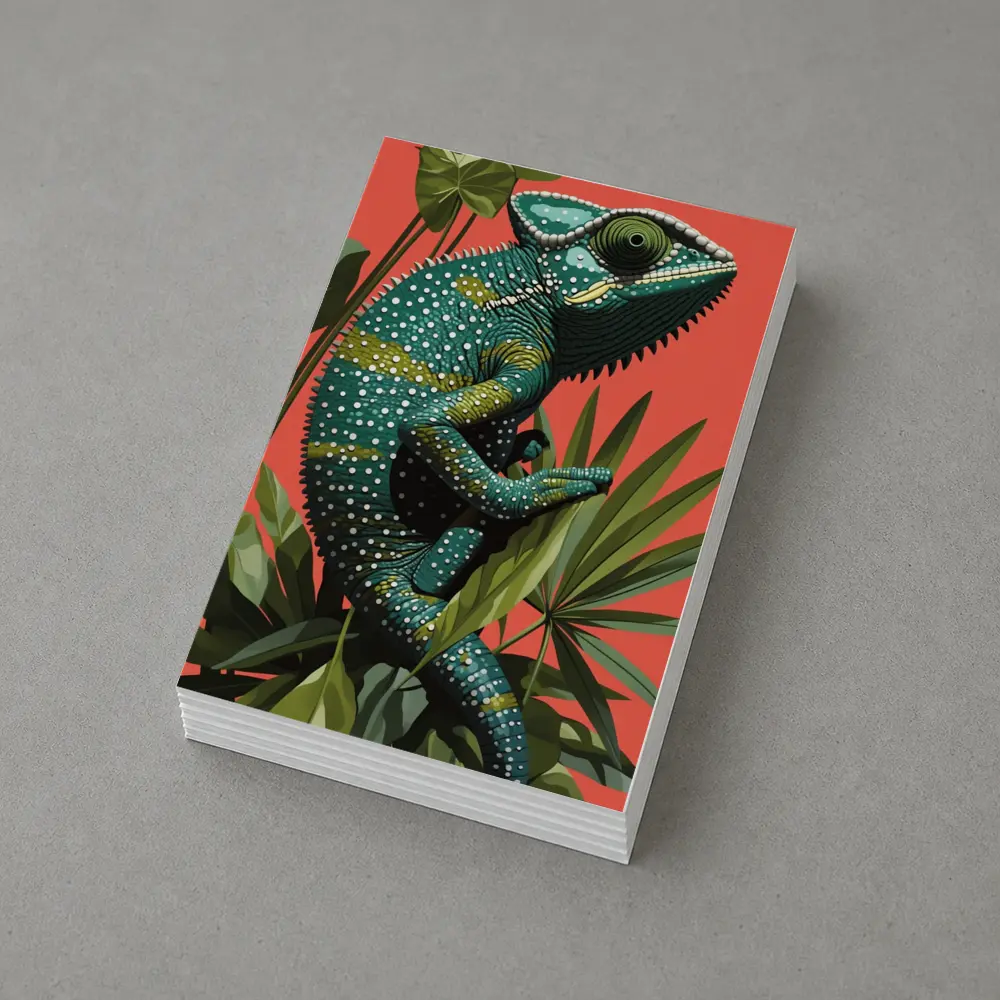 Teal Chameleon Climbing Tropical Plants Red Background – Postcards