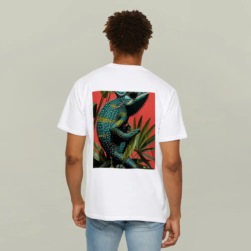 Teal Chameleon Climbing Tropical Plants Red Background – T-Shirts