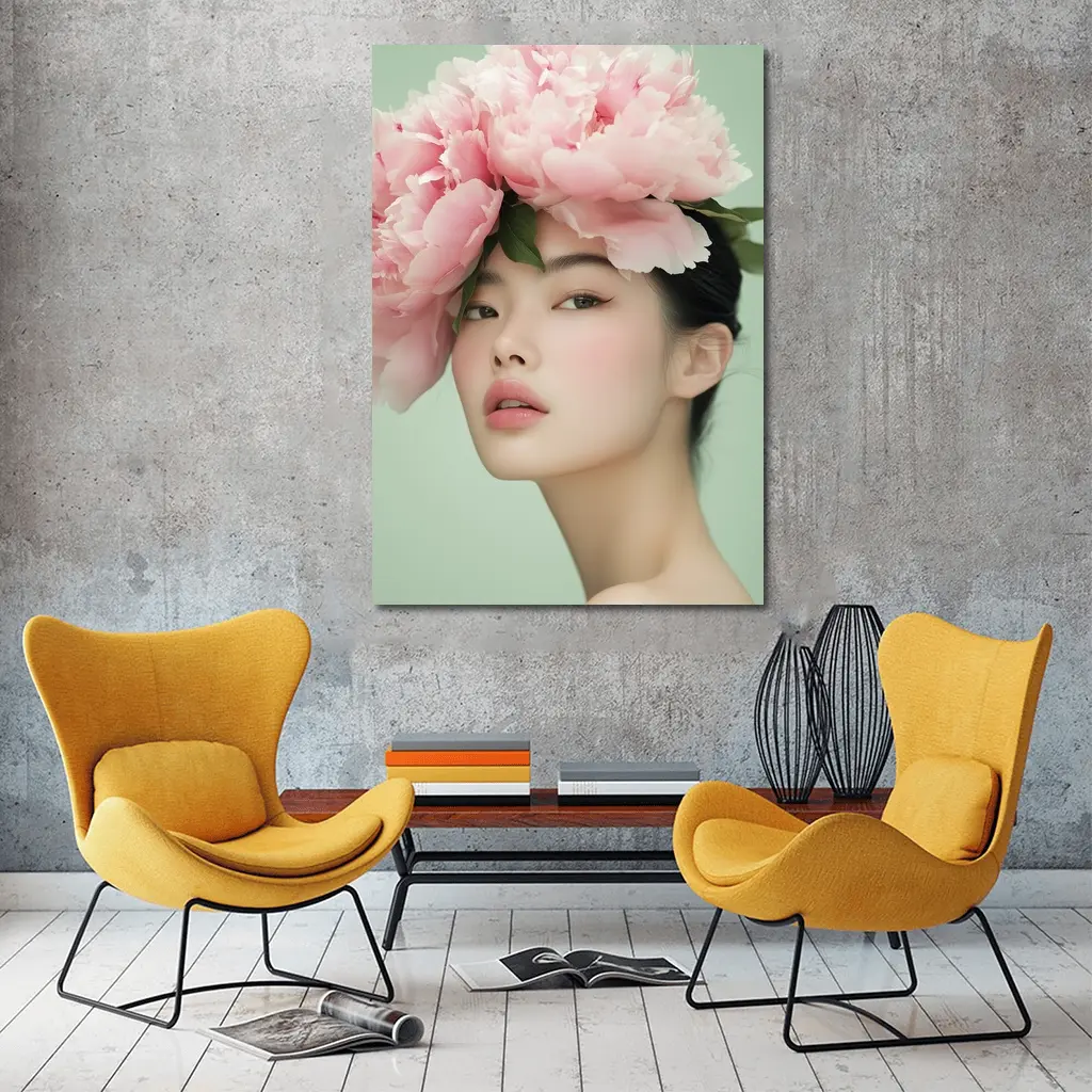 Asian Woman Pink Peonies Green Background Portrait – Wall Art