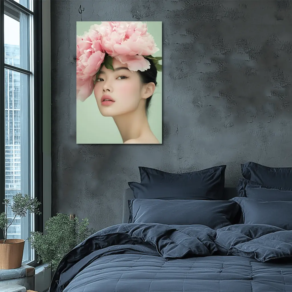 Asian Woman Pink Peonies Green Background Portrait – Wall Art