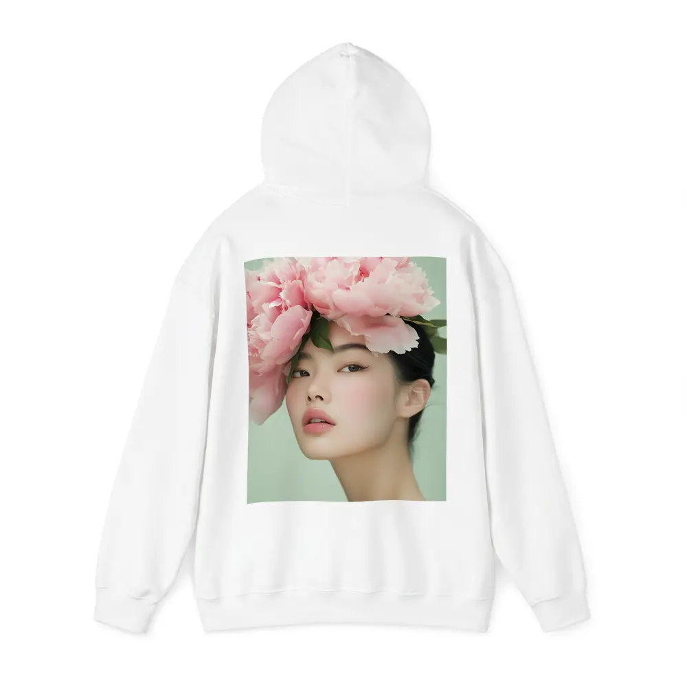 Asian Woman Pink Peonies Green Background Portrait – Hoodies