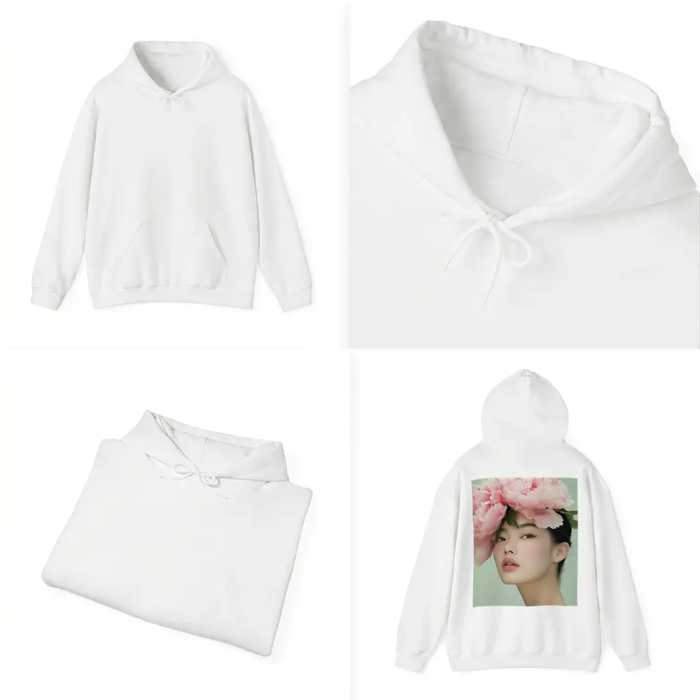 Asian Woman Pink Peonies Green Background Portrait – Hoodies