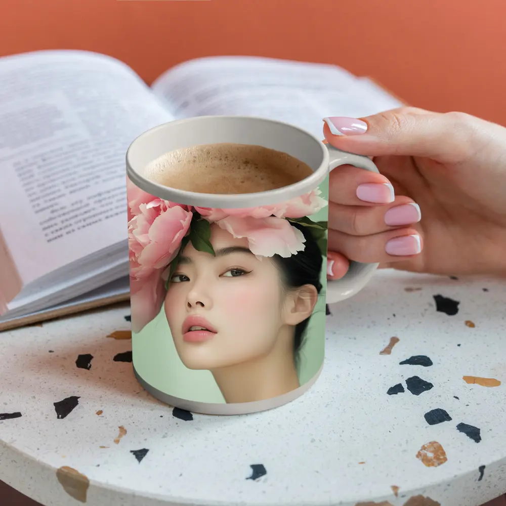 Asian Woman Pink Peonies Green Background Portrait – Mugs