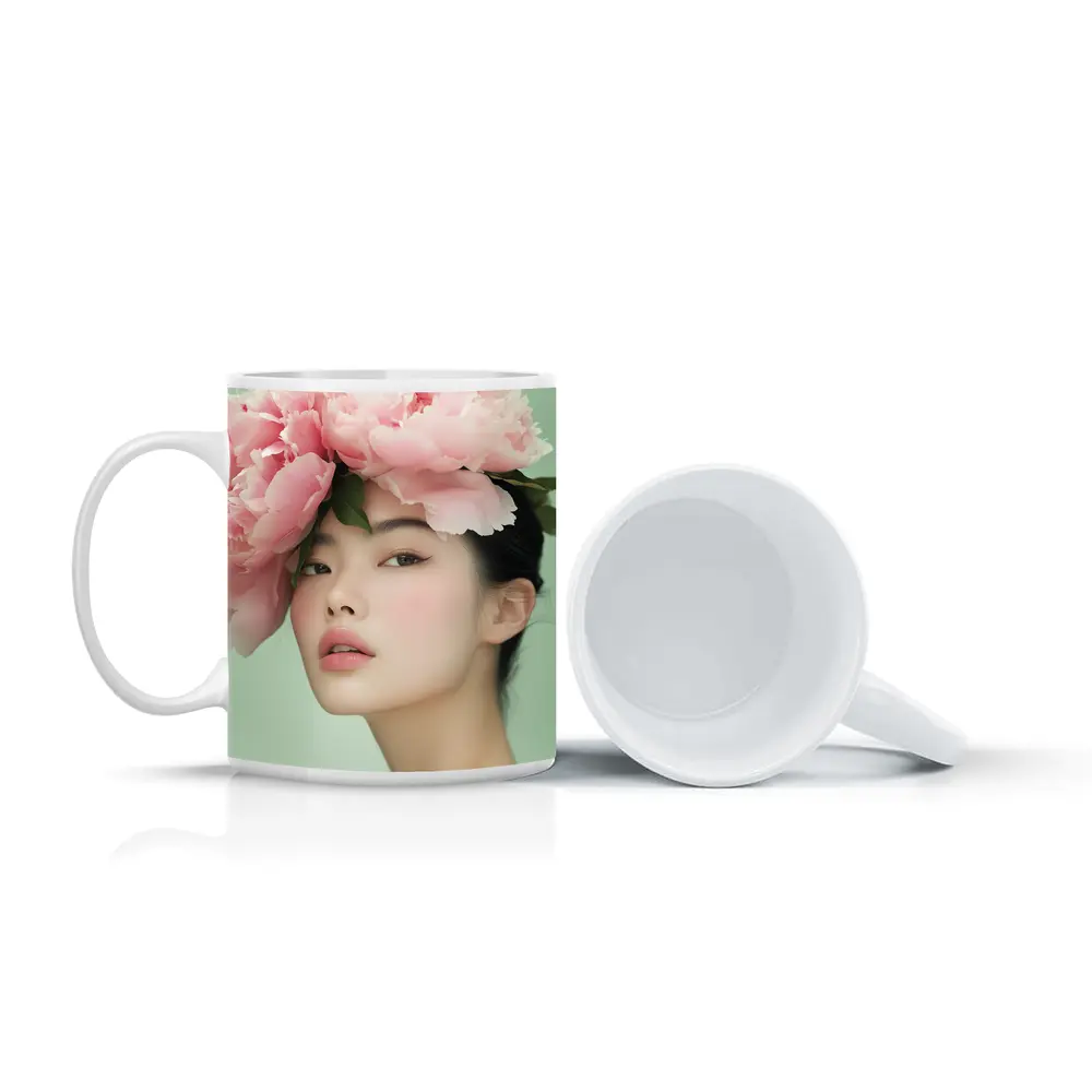 Asian Woman Pink Peonies Green Background Portrait – Mugs
