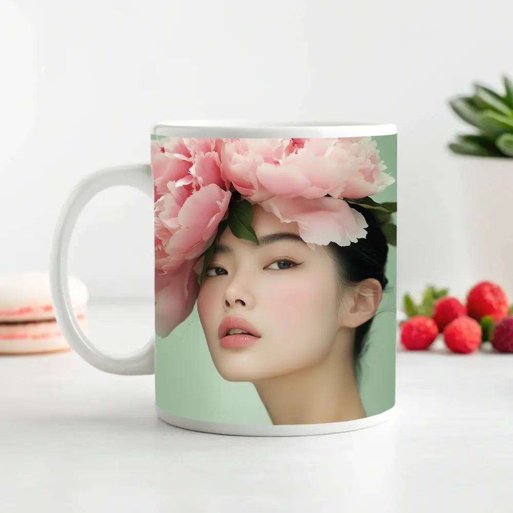Asian Woman Pink Peonies Green Background Portrait – Mugs