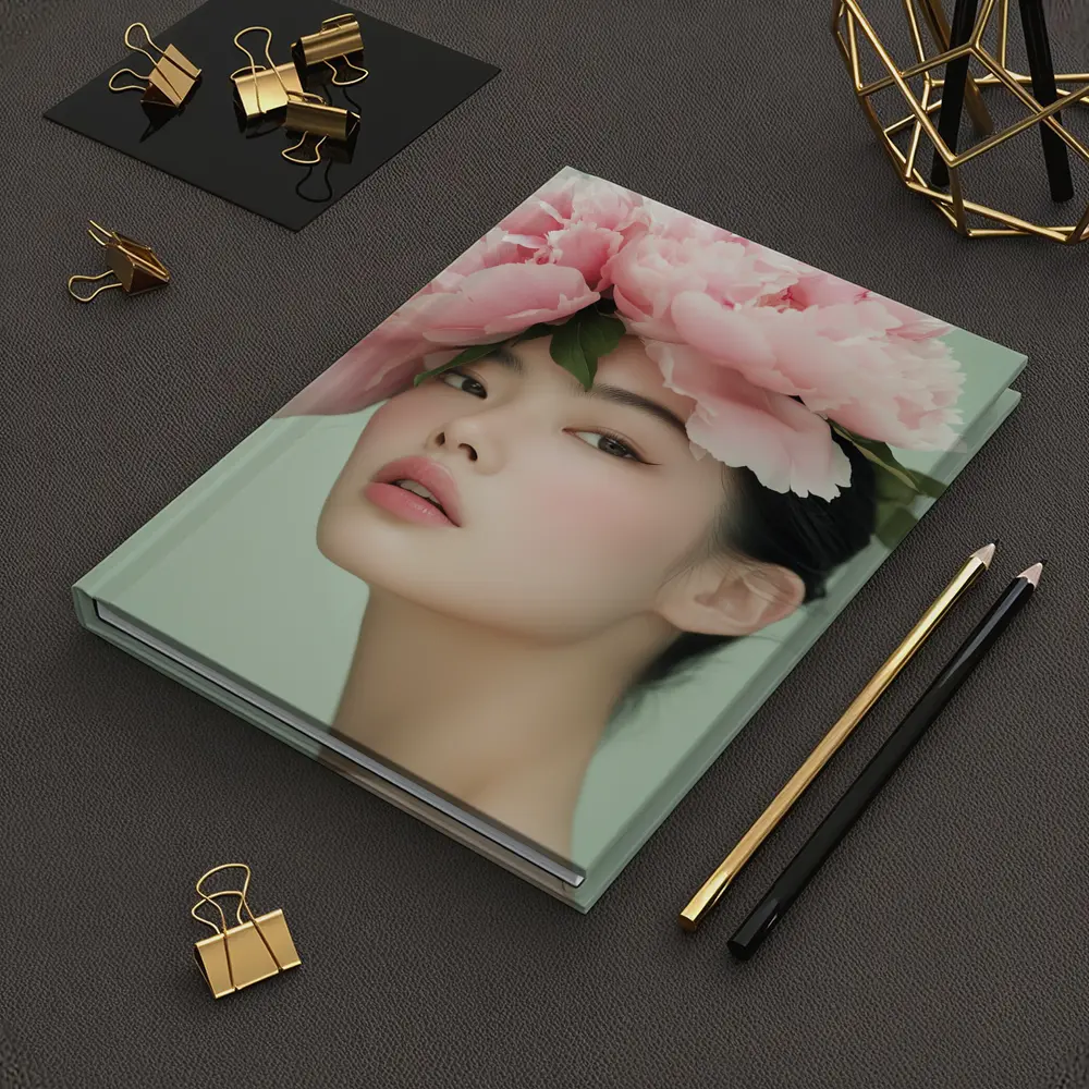 Asian Woman Pink Peonies Green Background Portrait – Notebooks