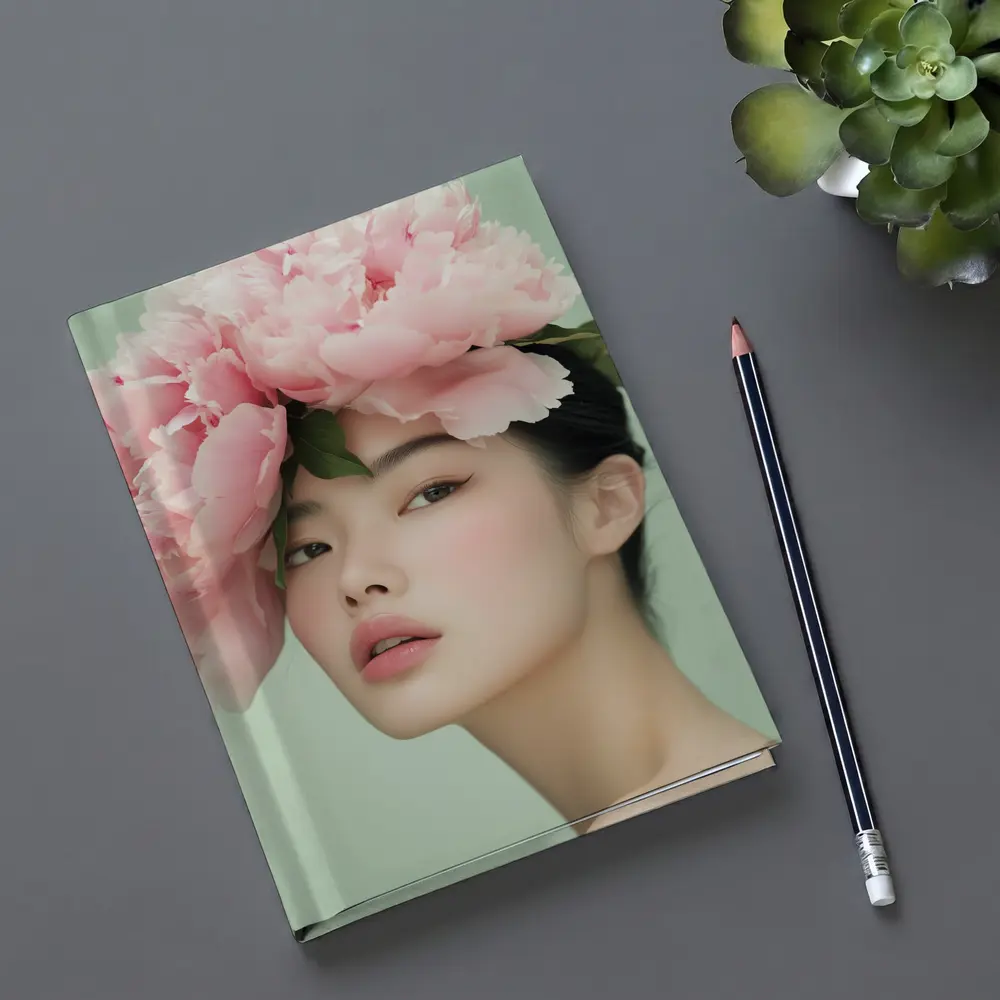 Asian Woman Pink Peonies Green Background Portrait – Notebooks