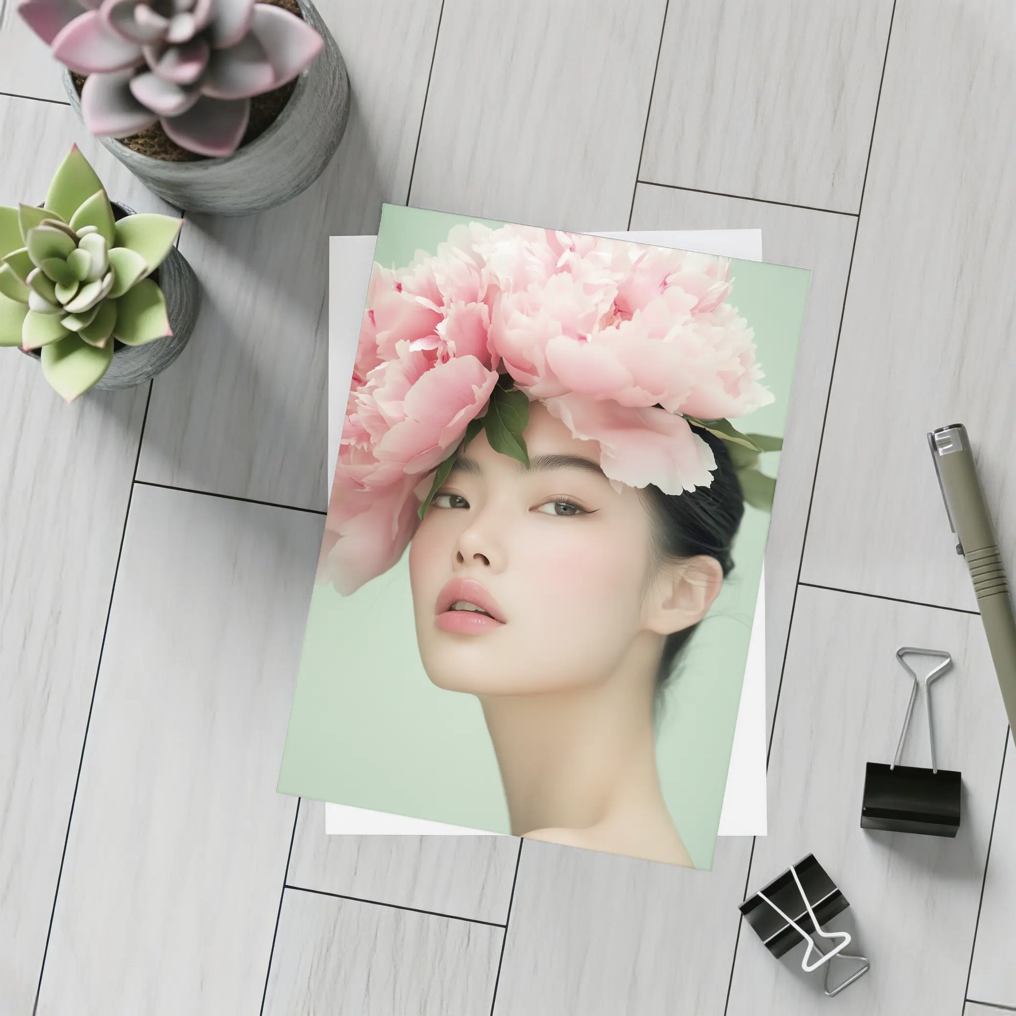 Asian Woman Pink Peonies Green Background Portrait – Postcards
