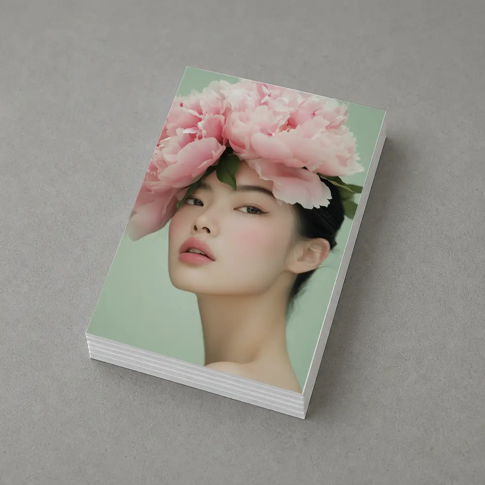 Asian Woman Pink Peonies Green Background Portrait – Postcards