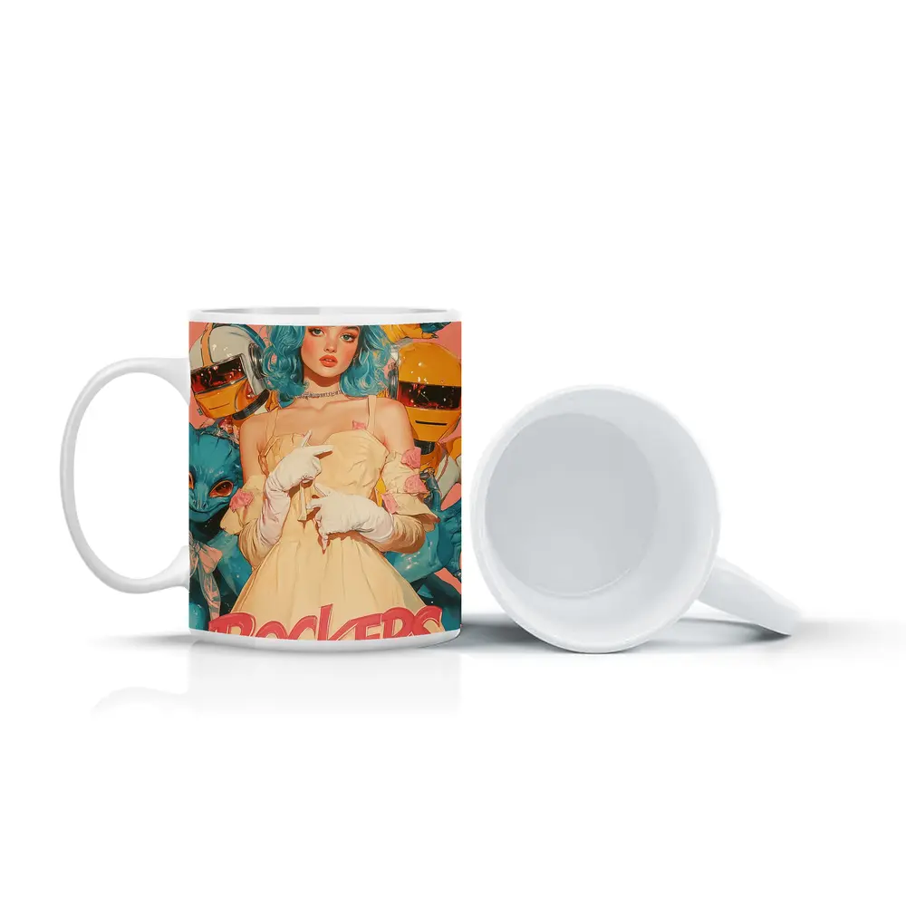 Punk Rockers Girl Blue Hair Retro Art – Mugs