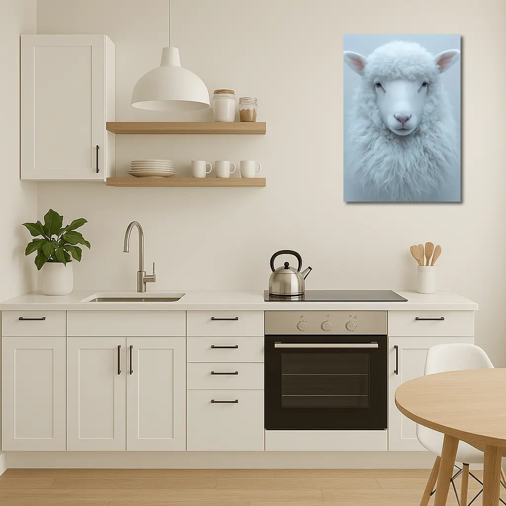 White Sheep Portrait on Light Gray Background – Wall Art