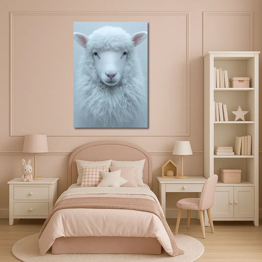 White Sheep Portrait on Light Gray Background – Wall Art