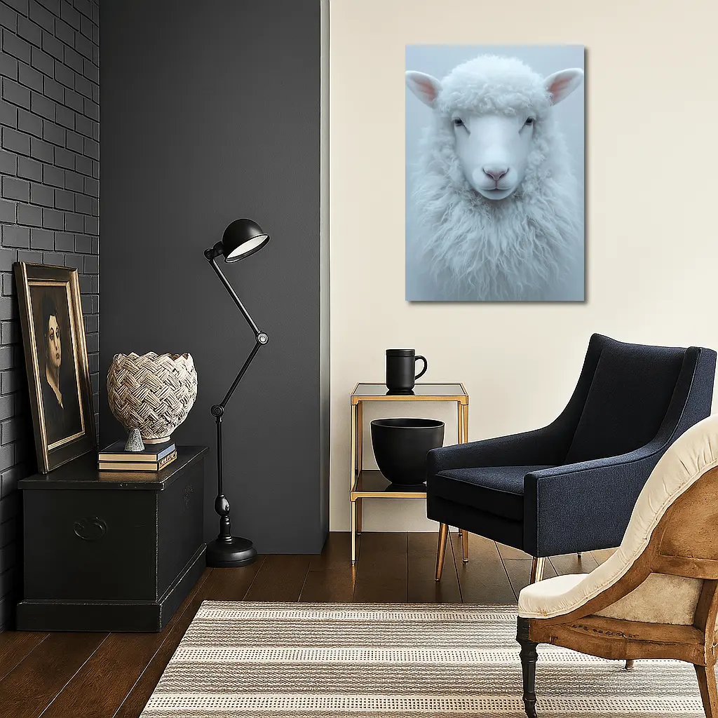 White Sheep Portrait on Light Gray Background – Wall Art