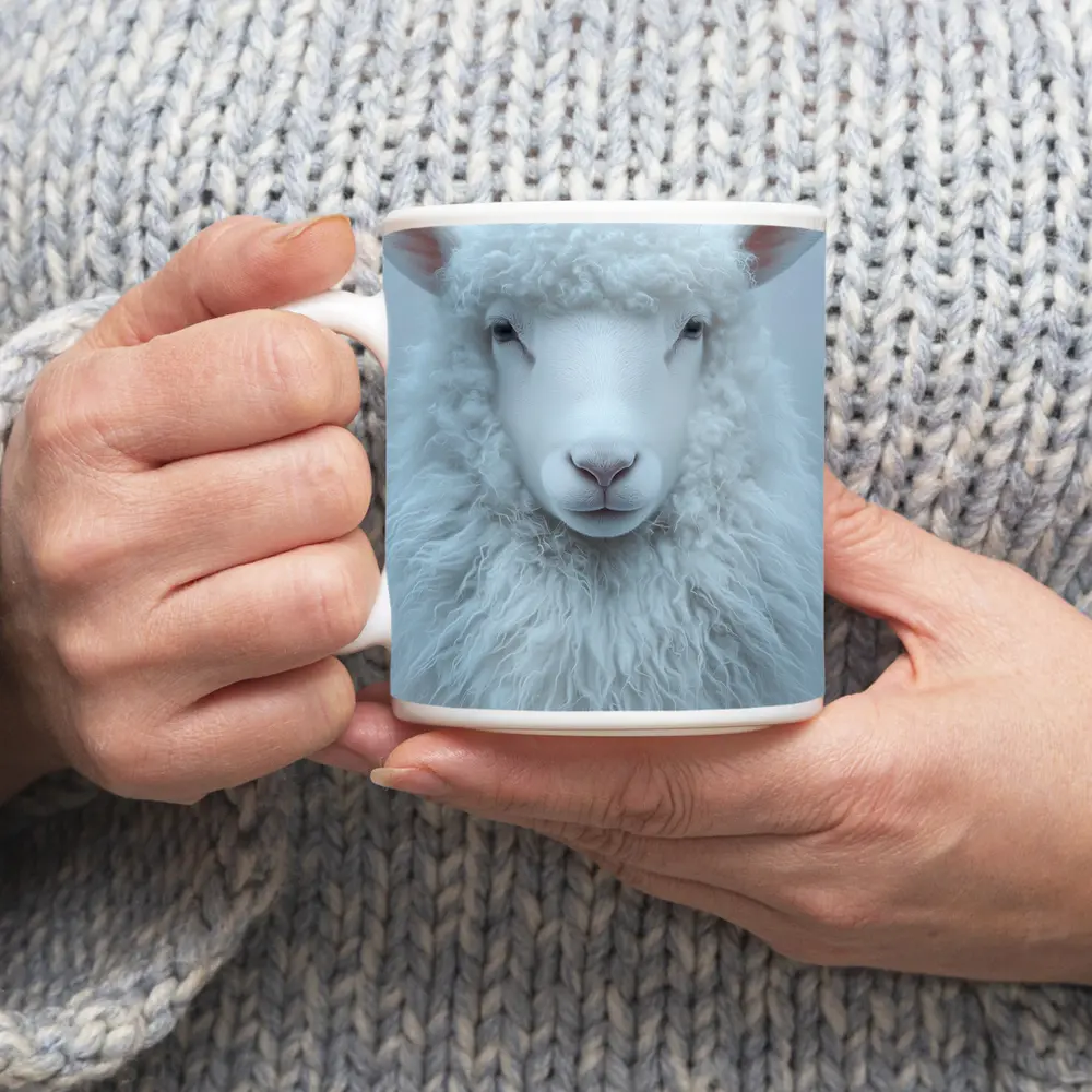 White Sheep Portrait on Light Gray Background – Mugs