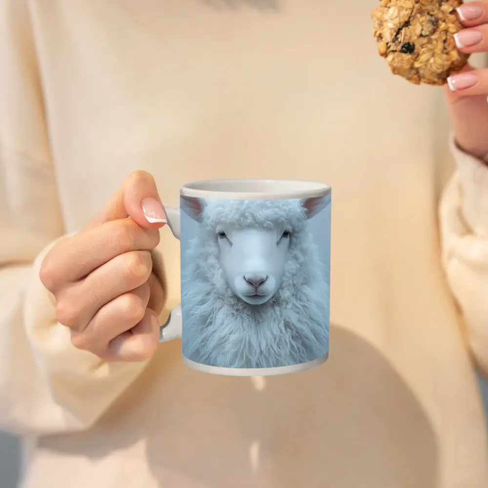 White Sheep Portrait on Light Gray Background – Mugs