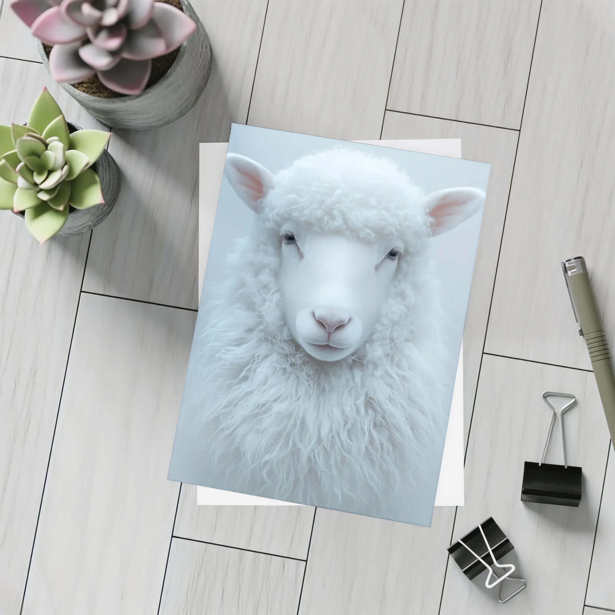 White Sheep Portrait on Light Gray Background – Postcards