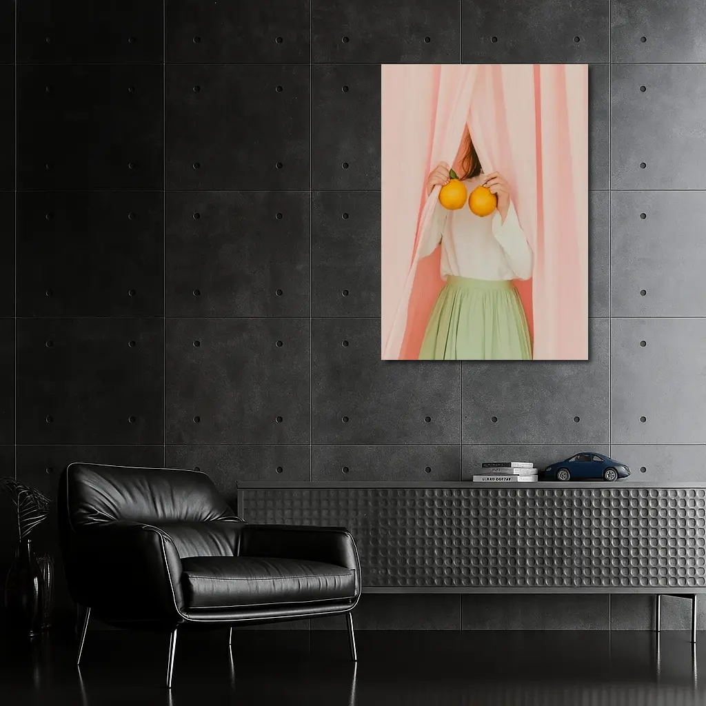 Woman Holding Oranges Pink Curtain Background – Wall Art