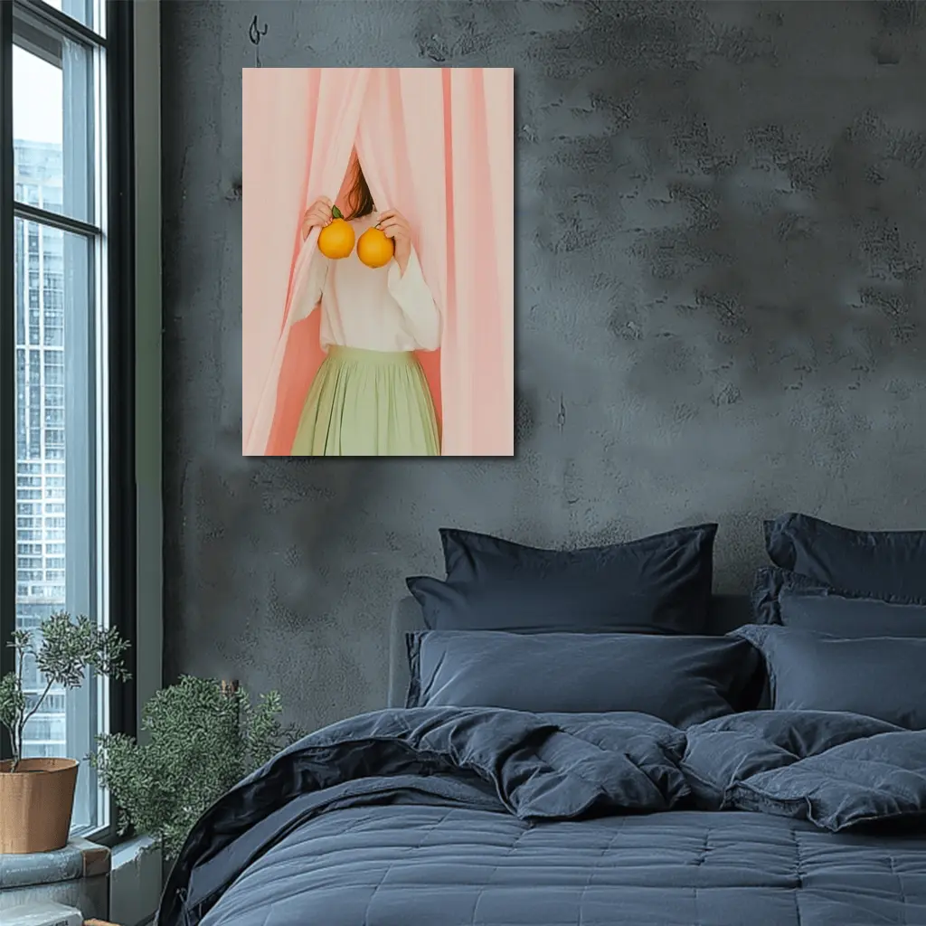 Woman Holding Oranges Pink Curtain Background – Wall Art