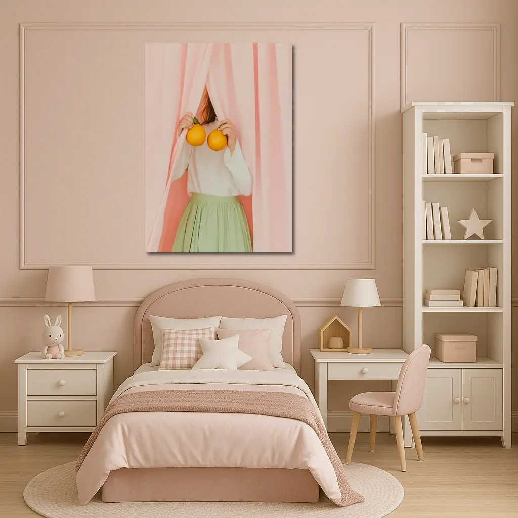 Woman Holding Oranges Pink Curtain Background – Wall Art