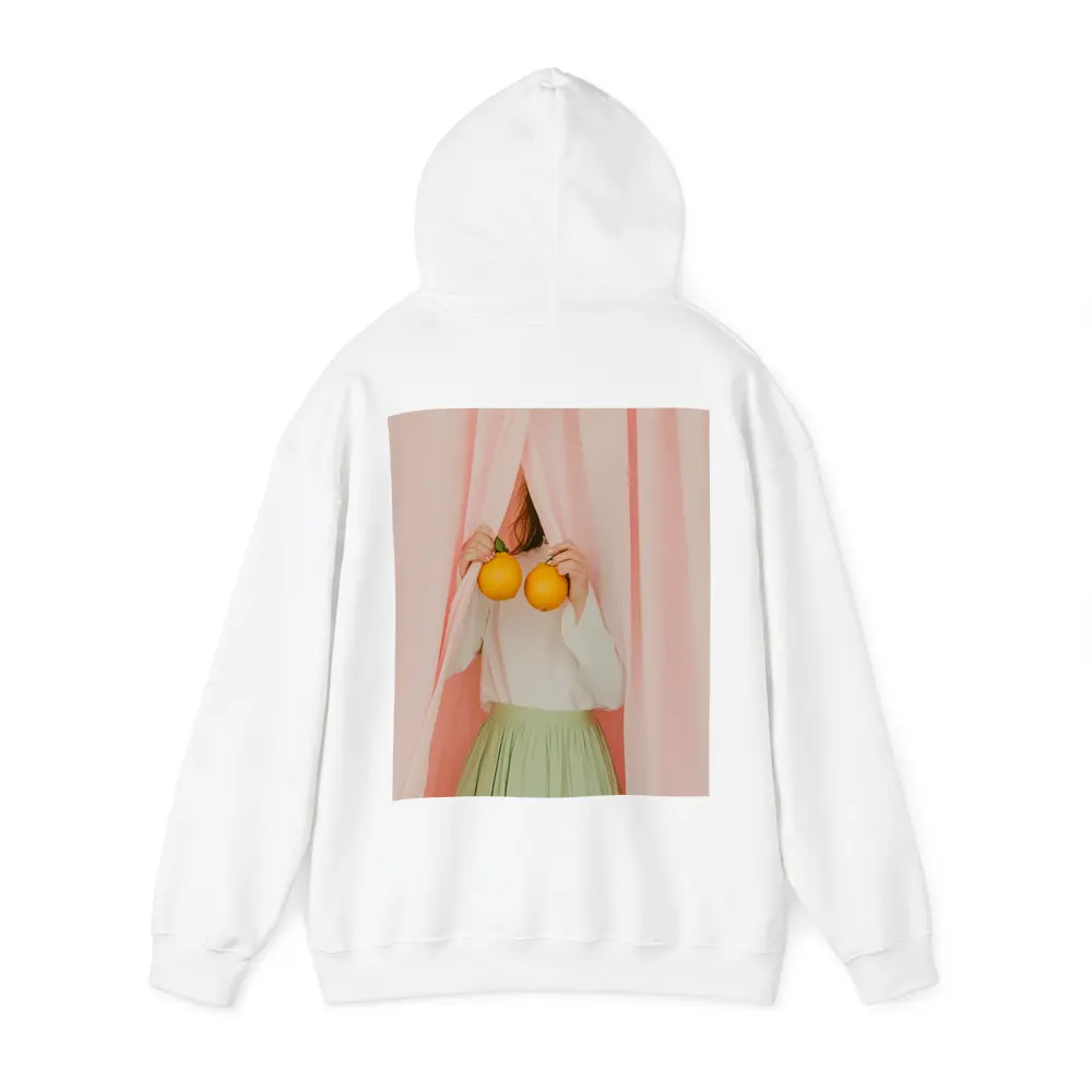 Woman Holding Oranges Pink Curtain Background – Hoodies