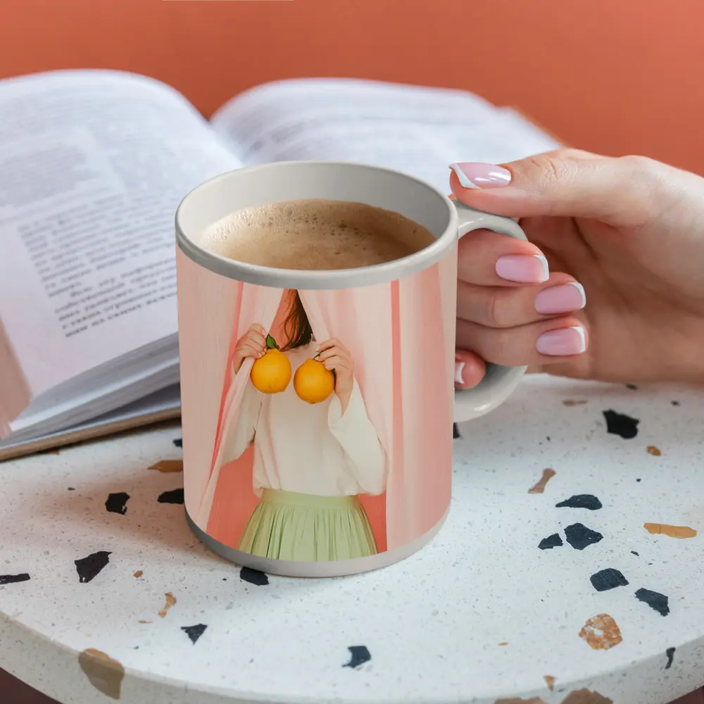 Woman Holding Oranges Pink Curtain Background – Mugs