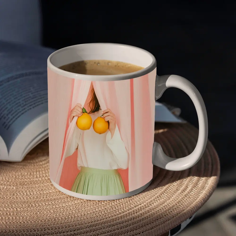 Woman Holding Oranges Pink Curtain Background – Mugs