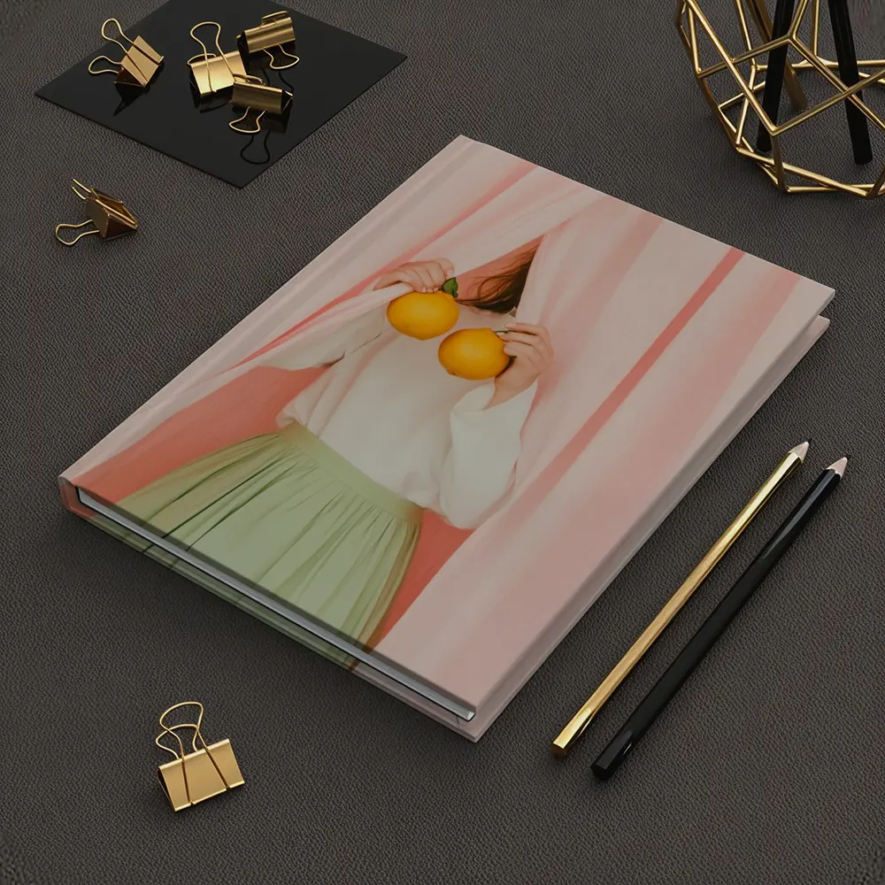 Woman Holding Oranges Pink Curtain Background – Notebooks