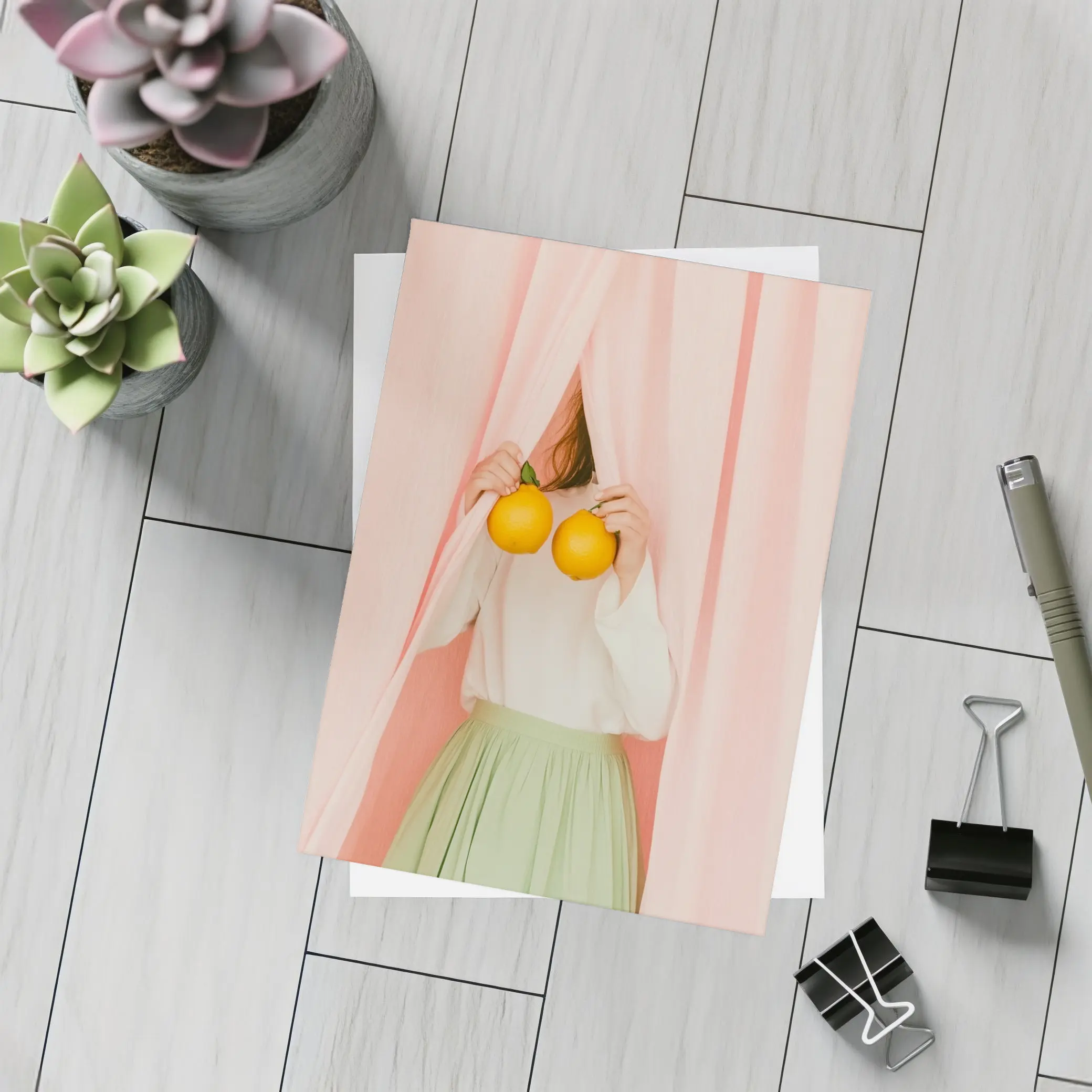 Woman Holding Oranges Pink Curtain Background – Postcards