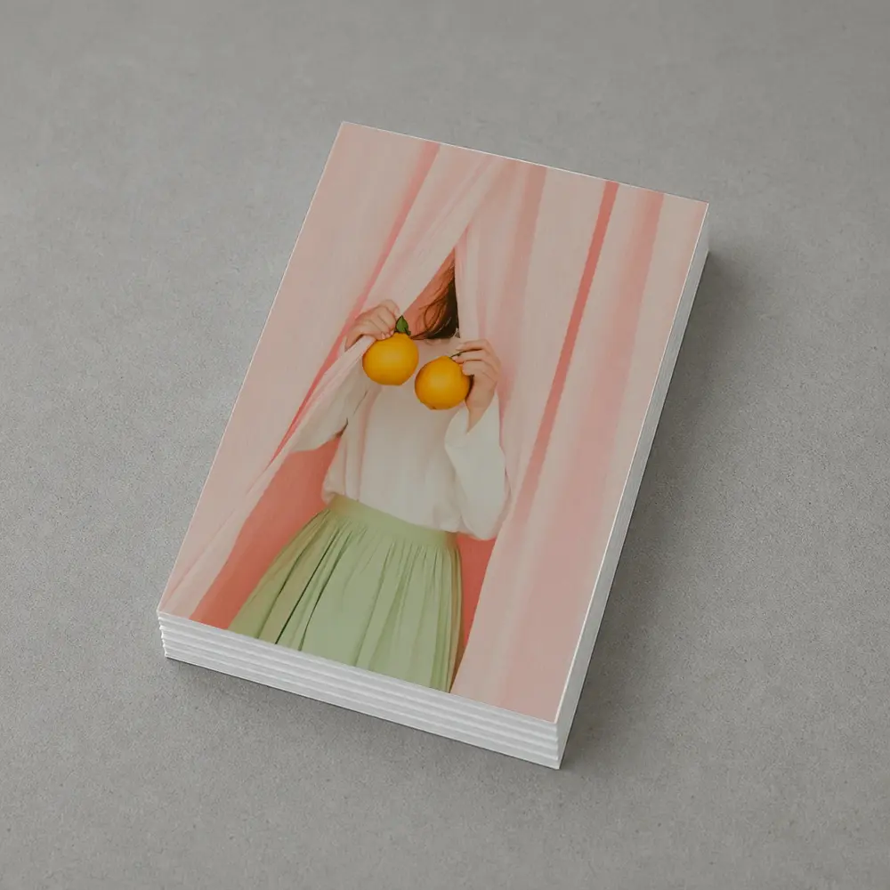 Woman Holding Oranges Pink Curtain Background – Postcards