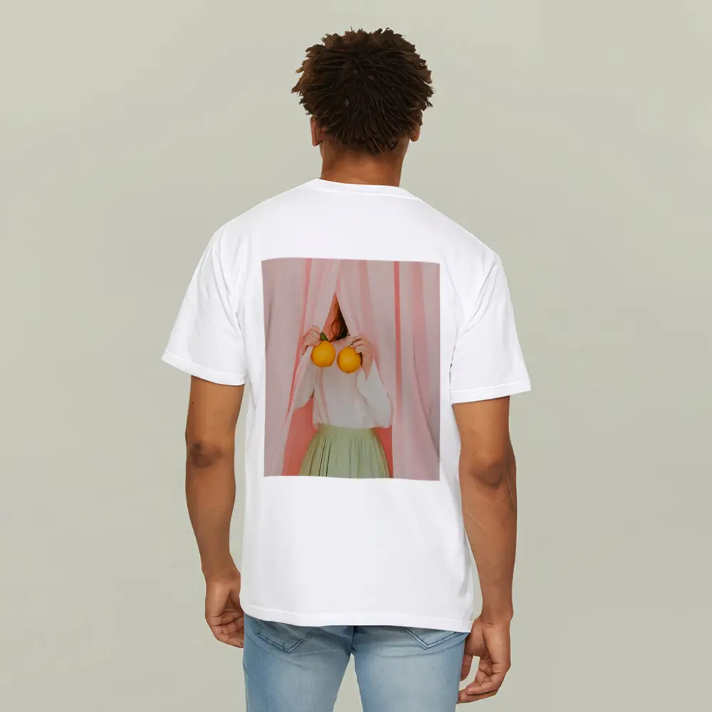 Woman Holding Oranges Pink Curtain Background – T-Shirts