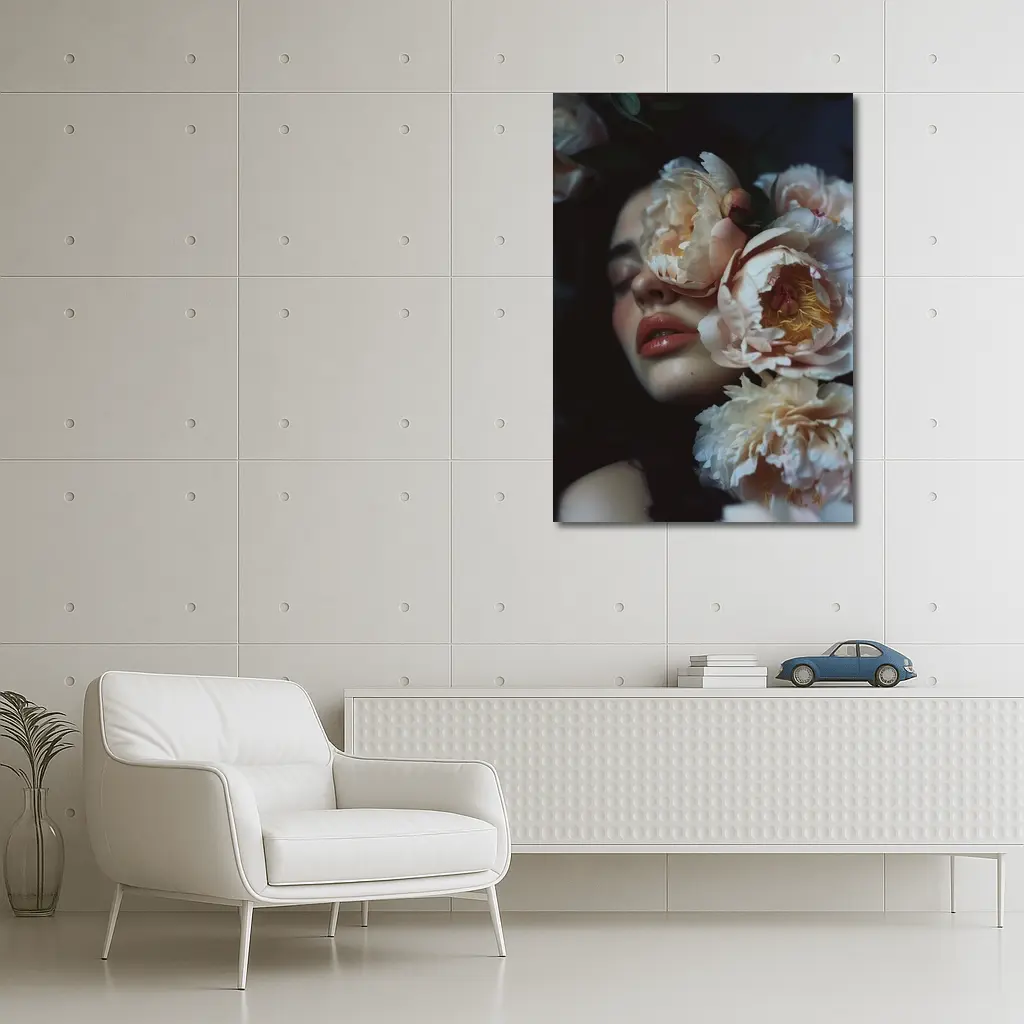 Woman Face Surrounded By Cream Peonies – Wall Art