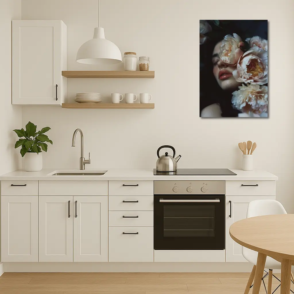 Woman Face Surrounded By Cream Peonies – Wall Art