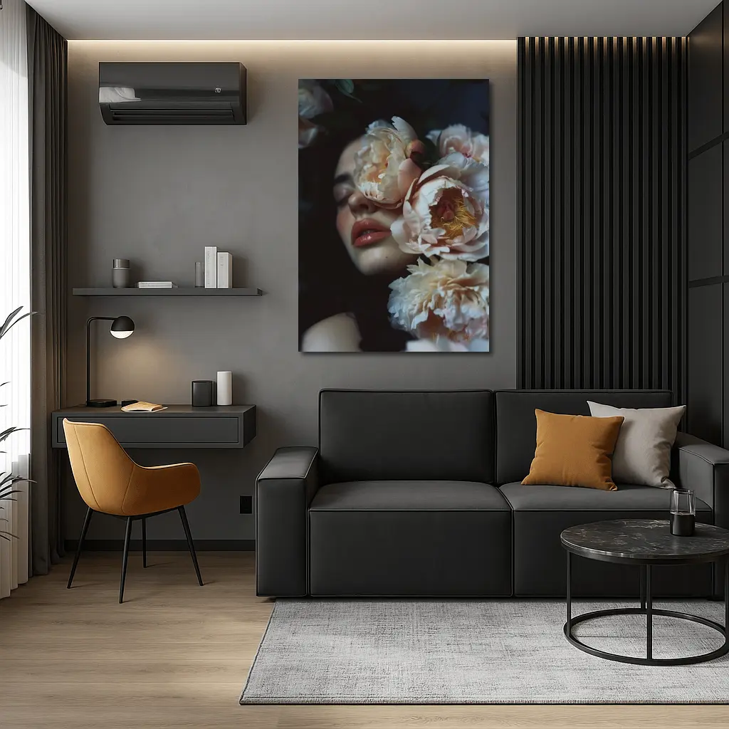 Woman Face Surrounded By Cream Peonies – Wall Art