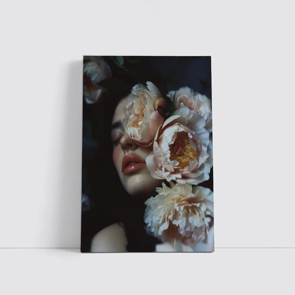 Woman Face Surrounded By Cream Peonies – Wall Art