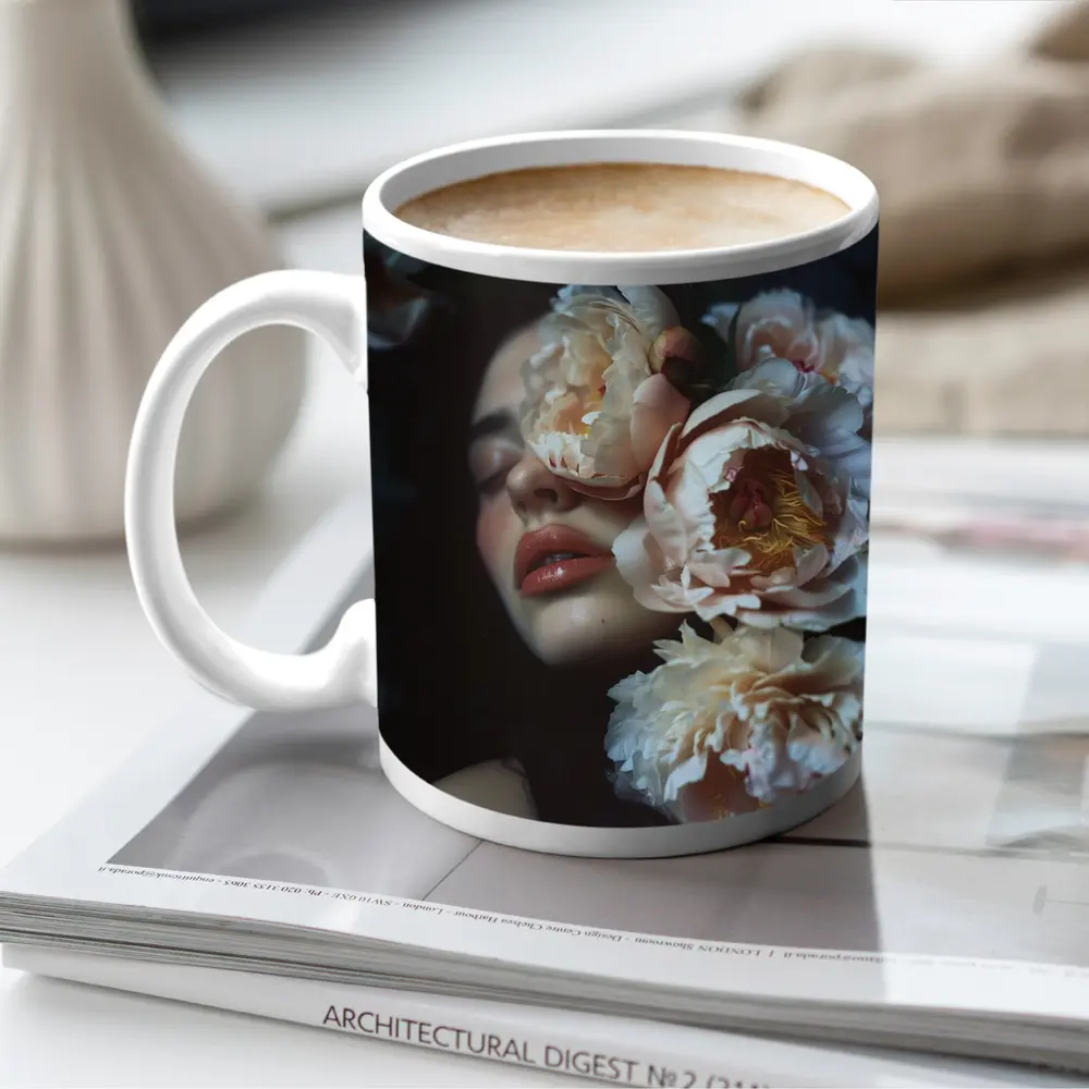 Woman Face Surrounded By Cream Peonies – Mugs