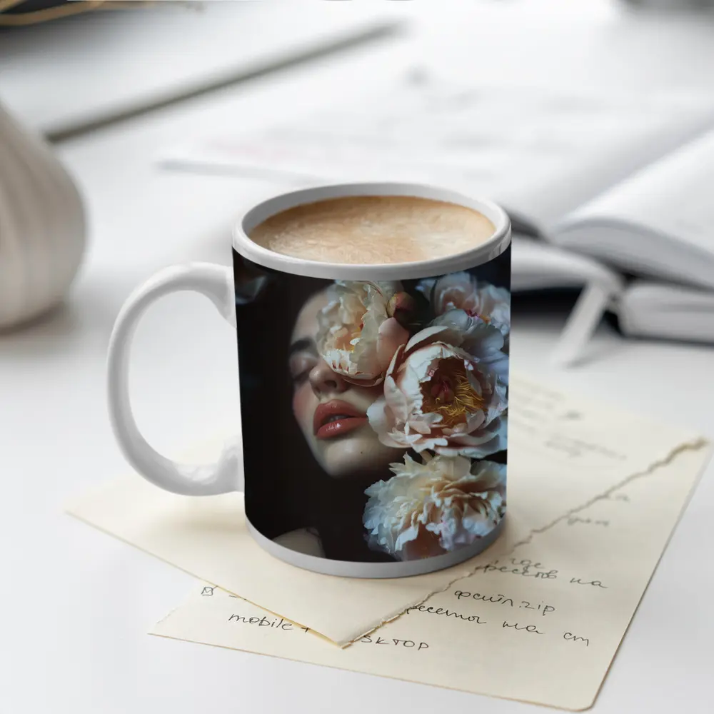 Woman Face Surrounded By Cream Peonies – Mugs