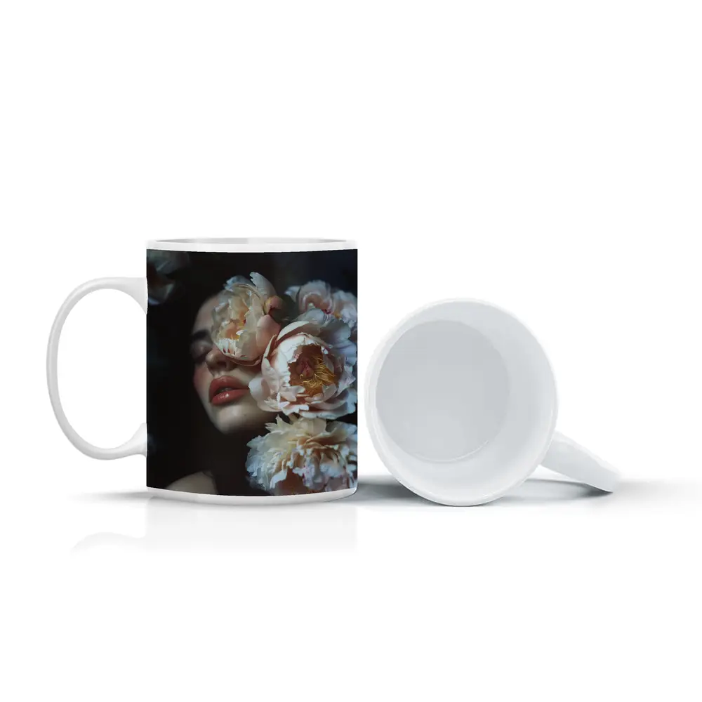 Woman Face Surrounded By Cream Peonies – Mugs
