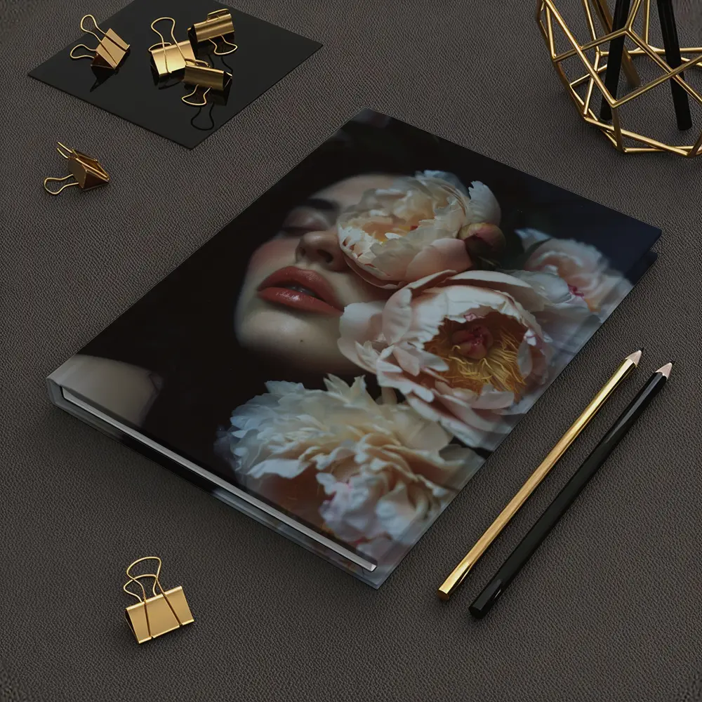 Woman Face Surrounded By Cream Peonies – Notebooks