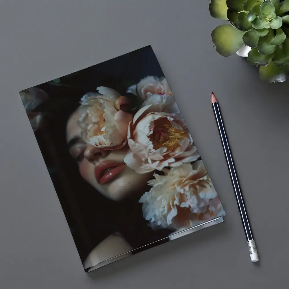 Woman Face Surrounded By Cream Peonies – Notebooks