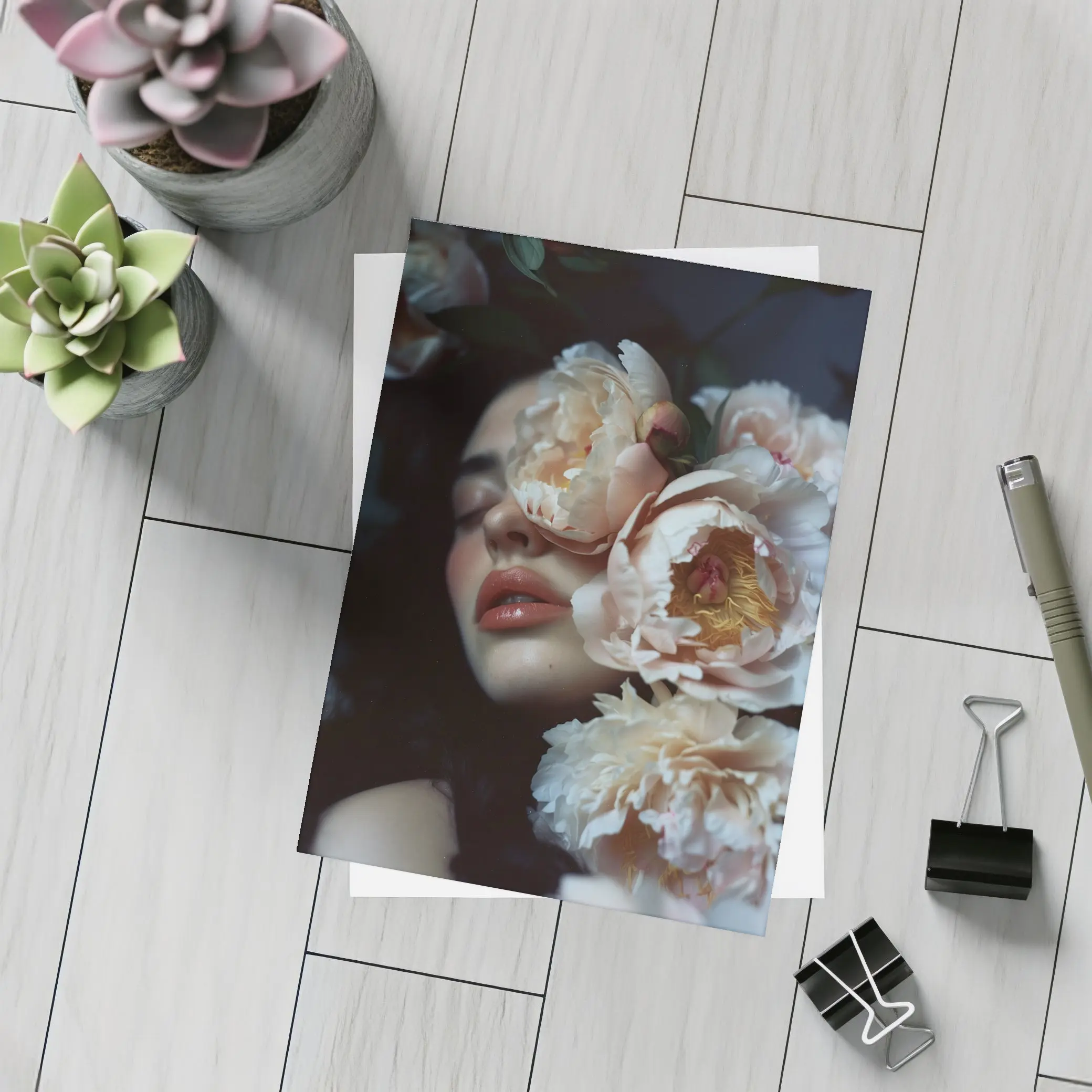 Woman Face Surrounded By Cream Peonies – Postcards