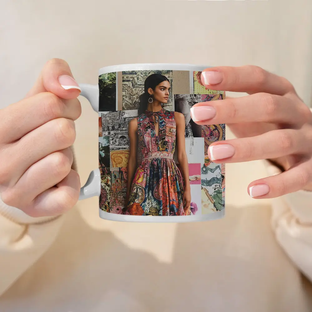 Boho Print Dress Woman Collage Background – Mugs