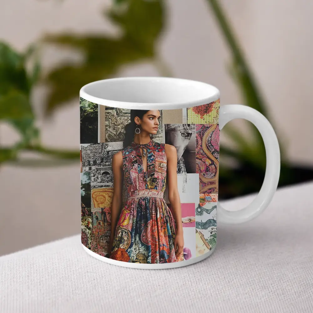 Boho Print Dress Woman Collage Background – Mugs