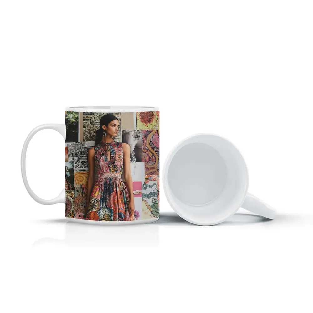 Boho Print Dress Woman Collage Background – Mugs