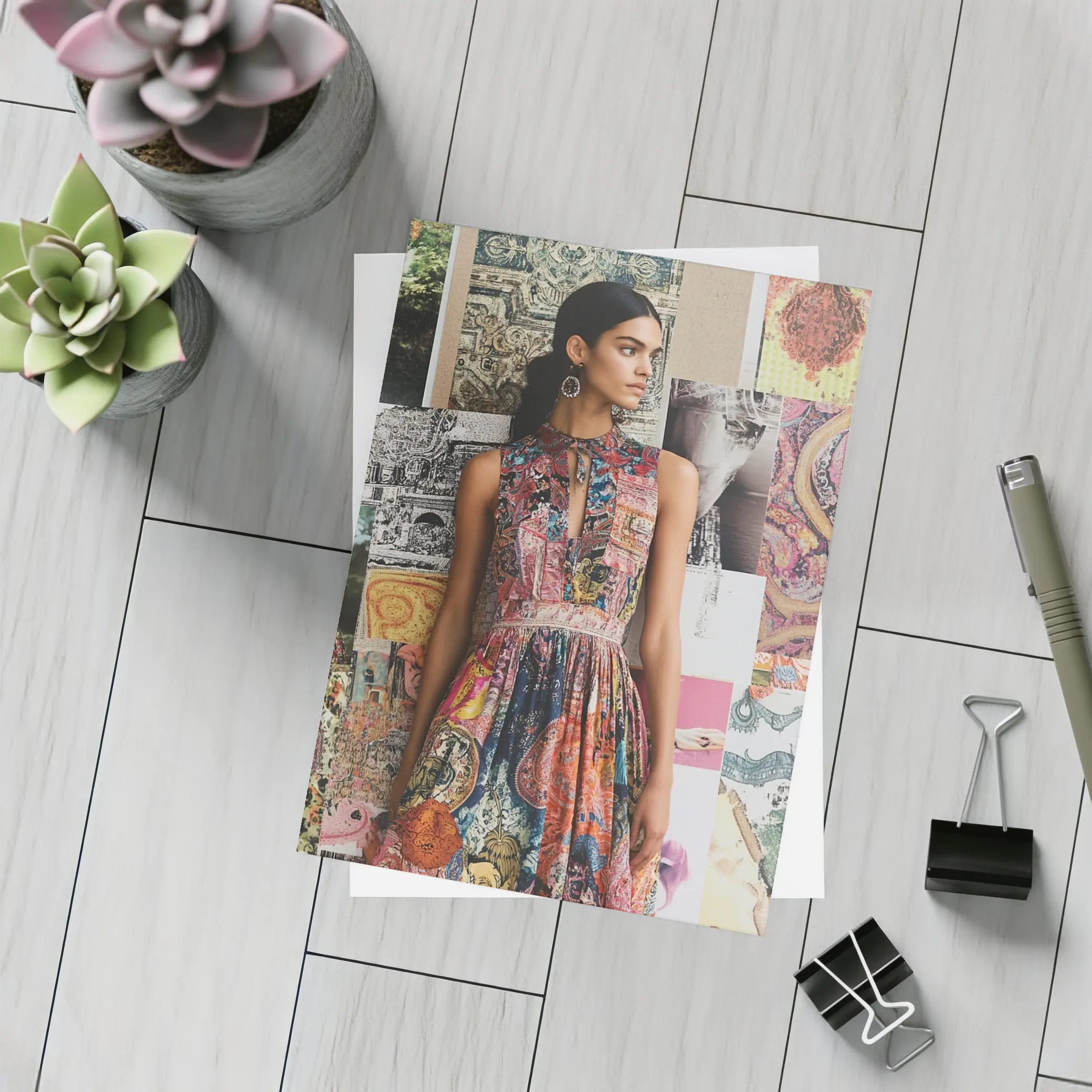 Boho Print Dress Woman Collage Background – Postcards