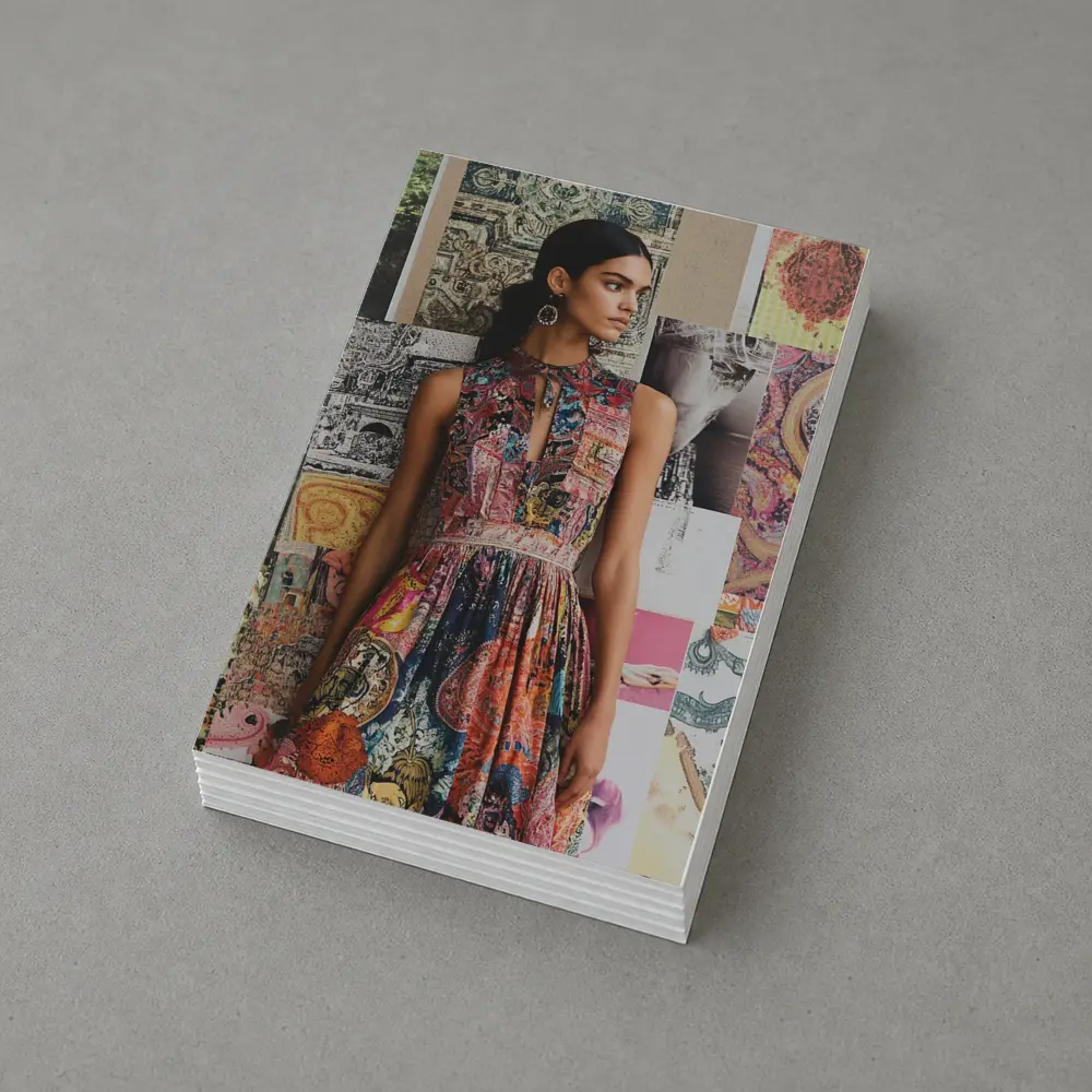 Boho Print Dress Woman Collage Background – Postcards