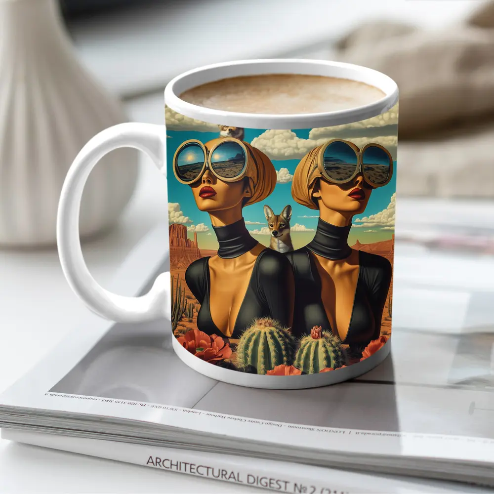 Twin Women Desert Foxes Surreal Pop Art – Mugs