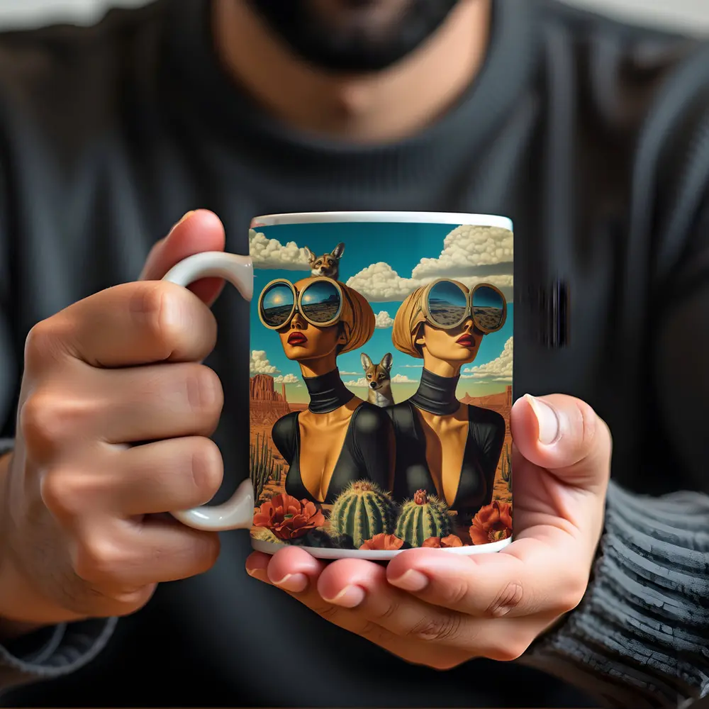 Twin Women Desert Foxes Surreal Pop Art – Mugs
