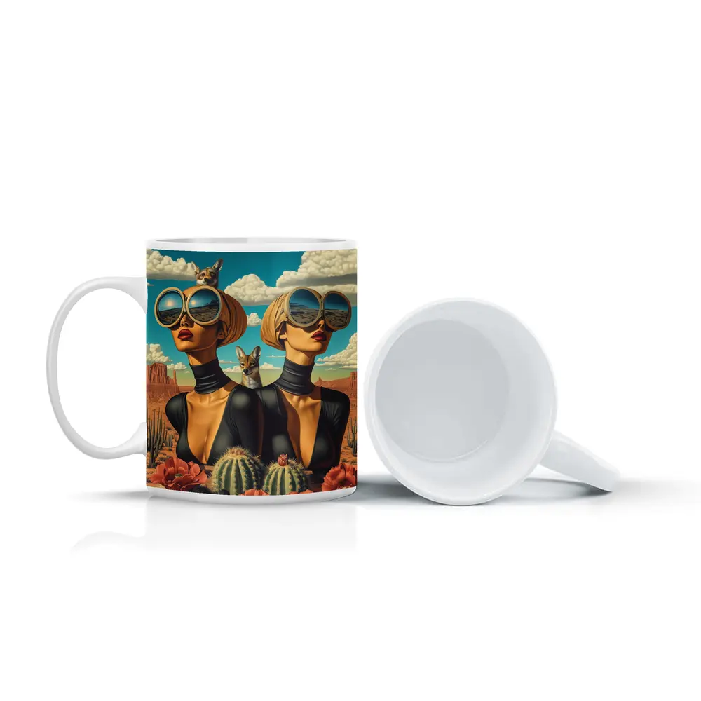 Twin Women Desert Foxes Surreal Pop Art – Mugs