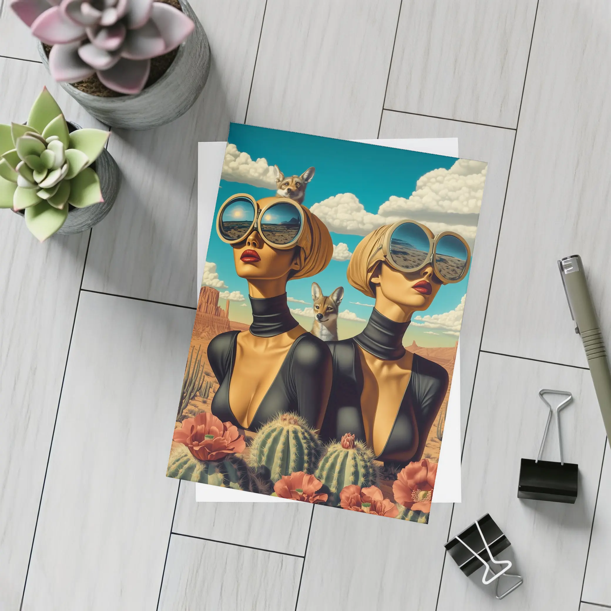 Twin Women Desert Foxes Surreal Pop Art – Postcards